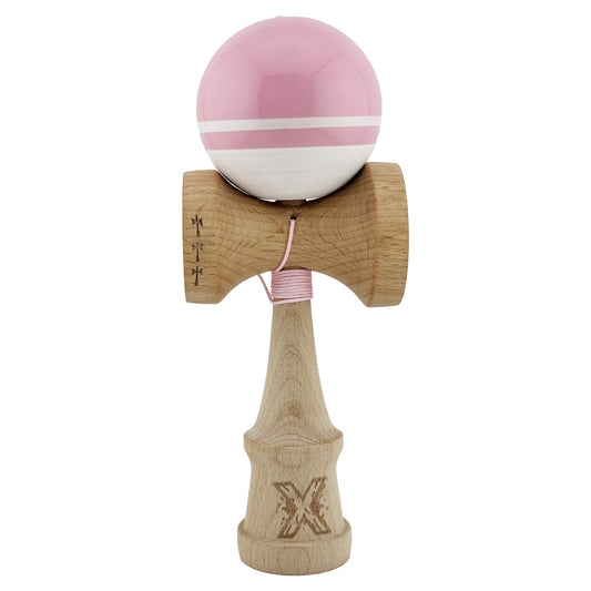 Kendama X Originala, Profesionala, Klevo, Big Cups V2, Super Sticky cu Cupe Mari, din lemn 18 cm, Rulment Metalic cu Ata 55 cm, Roz/Alb
