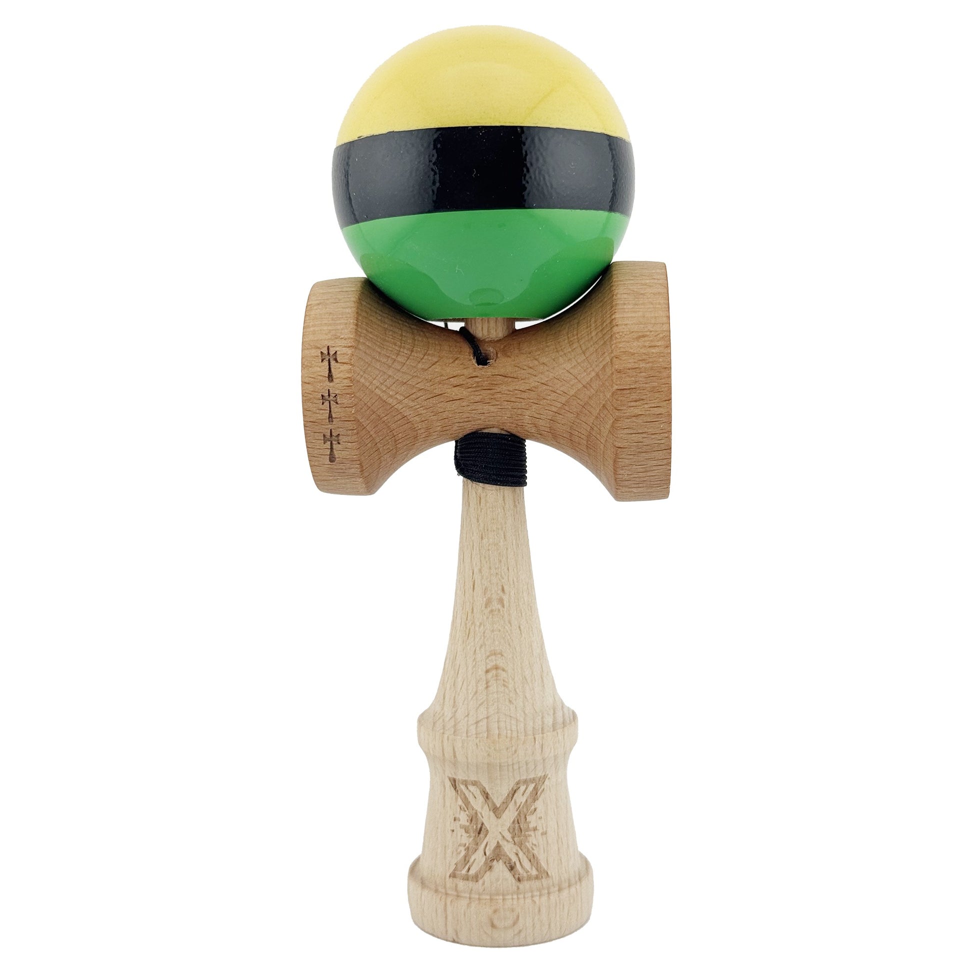 Kendama X Originala, Profesionala, Klevo, Big Cups V2, Super Sticky cu Cupe Mari, din lemn 18 cm, Rulment Metalic cu Ata 55 cm, Galben/Negru/Verde