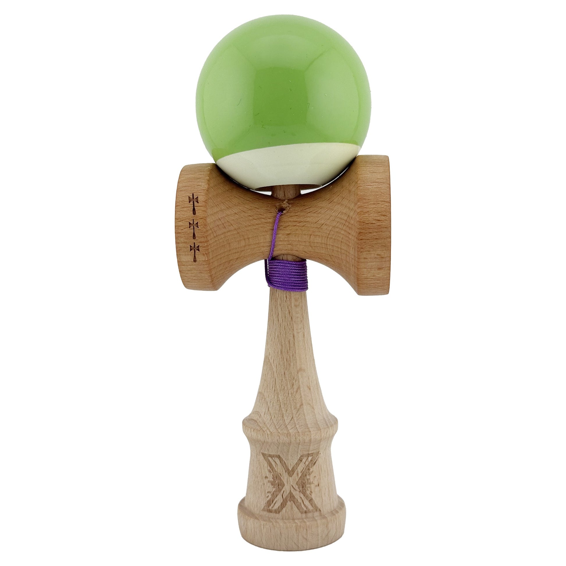 Kendama X Originala, Profesionala, Klevo, Big Cups V2, Super Sticky cu Cupe Mari, din lemn 18 cm, Rulment Metalic cu Ata 55 cm, Verde deschis/Alb