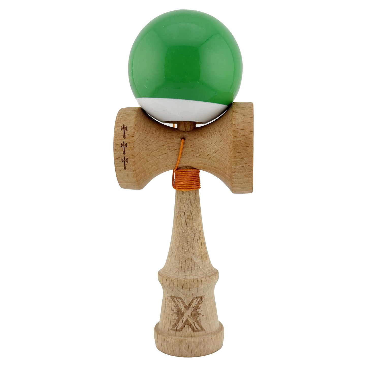 Kendama X Originala, Profesionala, Klevo, Big Cups V2, Super Sticky cu Cupe Mari, din lemn 18 cm, Rulment Metalic cu Ata 55 cm, Verde/Alb