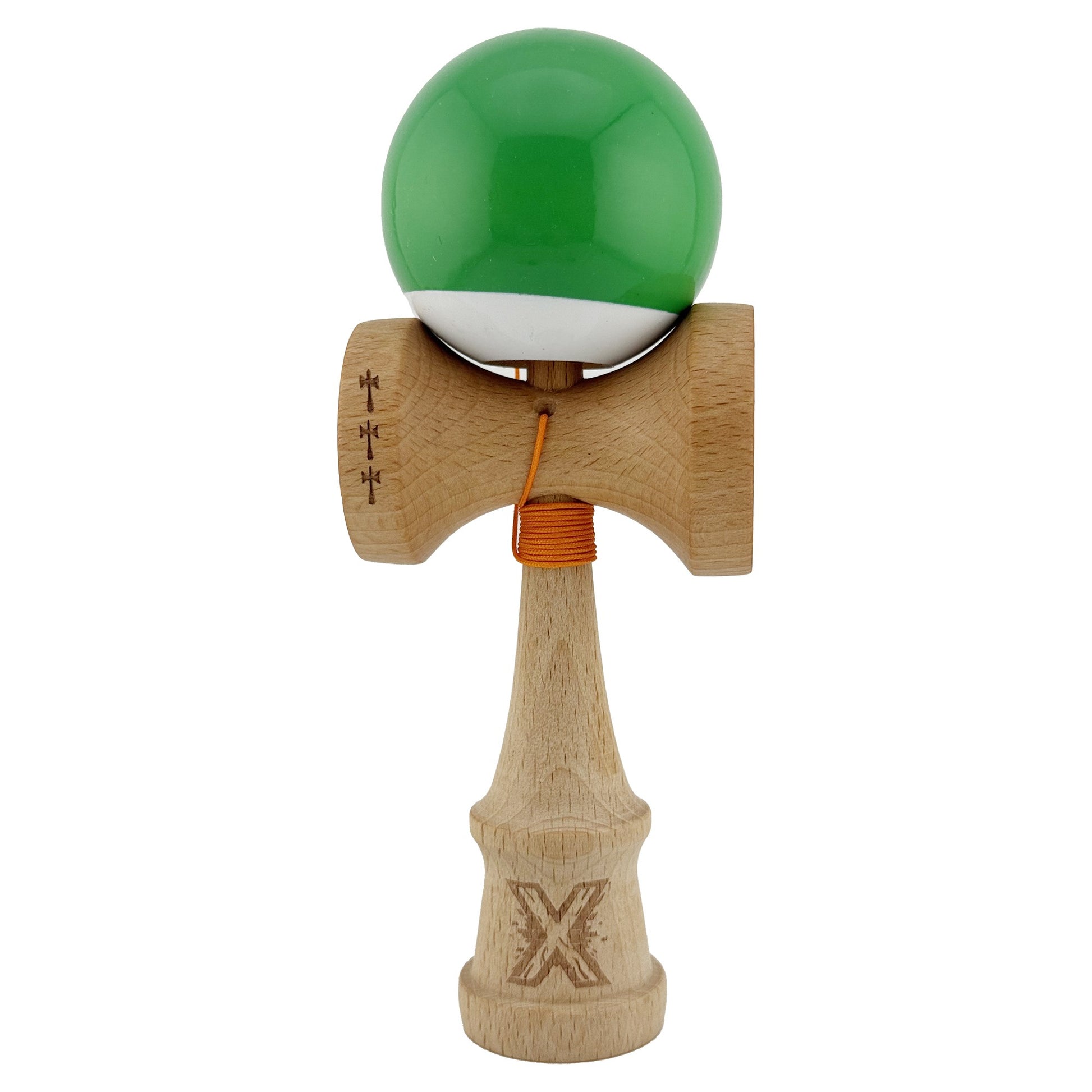 Kendama X Originala, Profesionala, Klevo, Big Cups V2, Super Sticky cu Cupe Mari, din lemn 18 cm, Rulment Metalic cu Ata 55 cm, Verde/Alb