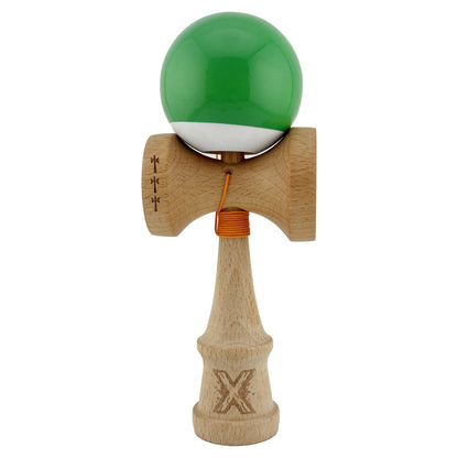 Kendama X Originala, Profesionala, Klevo, Big Cups V2, Super Sticky cu Cupe Mari, din lemn 18 cm, Rulment Metalic cu Ata 55 cm, Verde/Alb