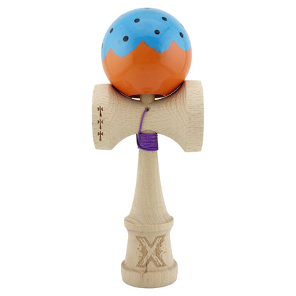 Kendama X Originala, Profesionala, Klevo, Big Cups V2, Super Sticky cu Cupe Mari, din lemn 18 cm, Rulment Metalic cu Ata 55 cm, Albastru/Portocaliu