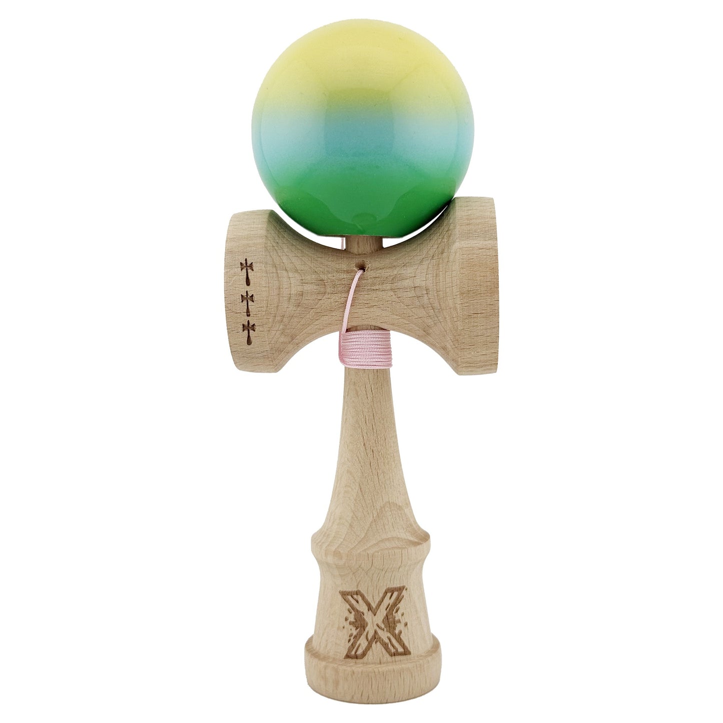 Kendama X Originala, Profesionala, Klevo, Big Cups V2, Super Sticky cu Cupe Mari, din lemn 18 cm, Rulment Metalic cu Ata 55 cm, Galben/Albastru/Verde