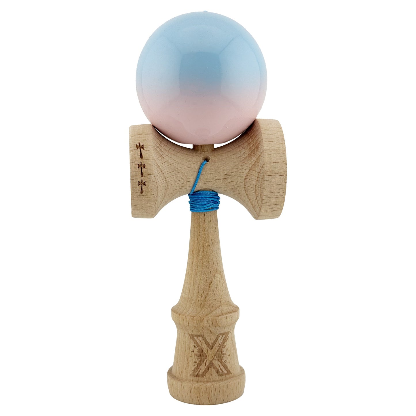 Kendama X Originala, Profesionala, Klevo, Big Cups V2, Super Sticky cu Cupe Mari, din lemn 18 cm, Rulment Metalic cu Ata 55 cm, Albastru deschis/Roz