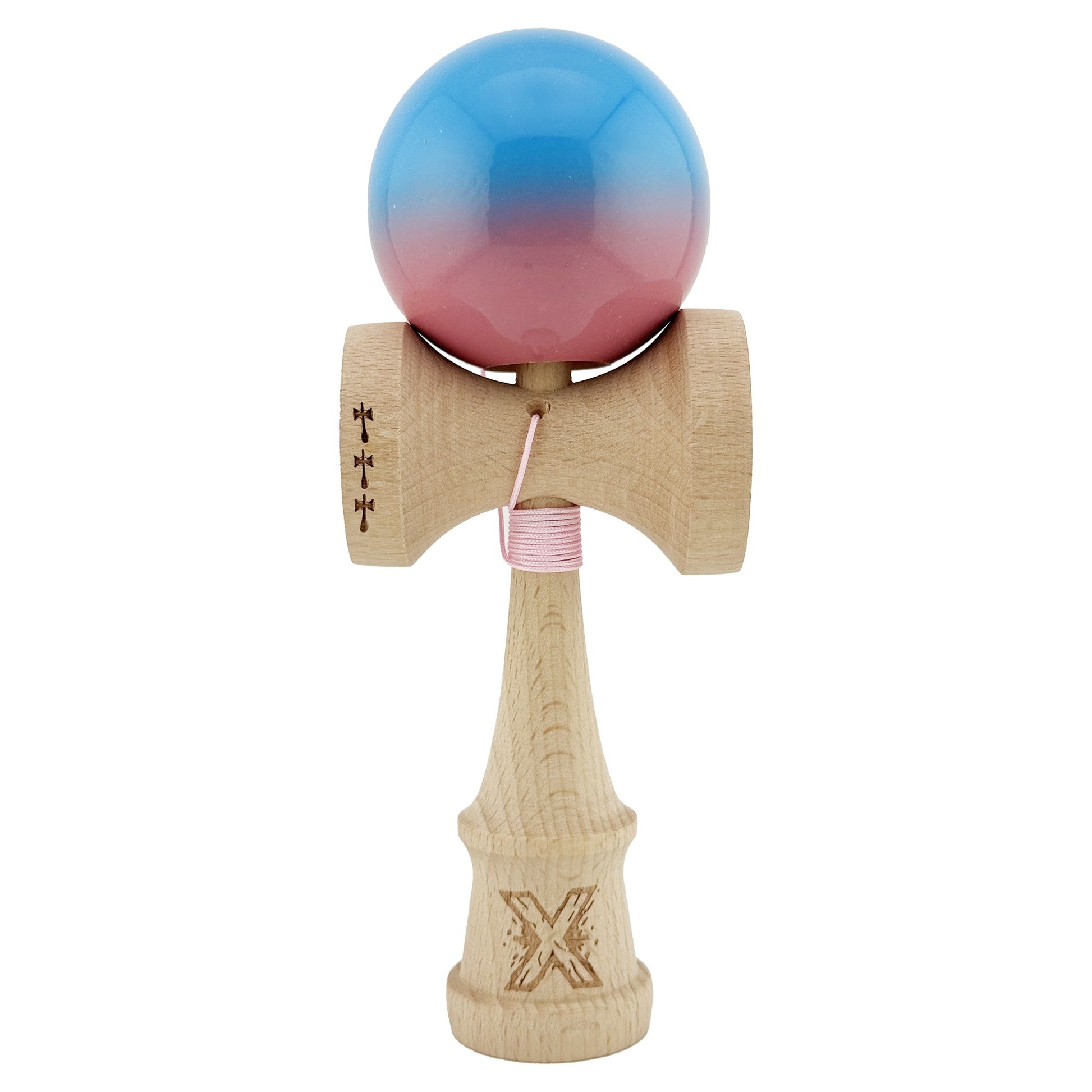 Kendama X Originala, Profesionala, Klevo, Big Cups V2, Super Sticky cu Cupe Mari, din lemn 18 cm, Rulment Metalic cu Ata 55 cm, Albastru/Roz