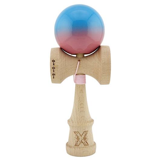 Kendama X Originala, Profesionala, Klevo, Big Cups V2, Super Sticky cu Cupe Mari, din lemn 18 cm, Rulment Metalic cu Ata 55 cm, Albastru/Roz