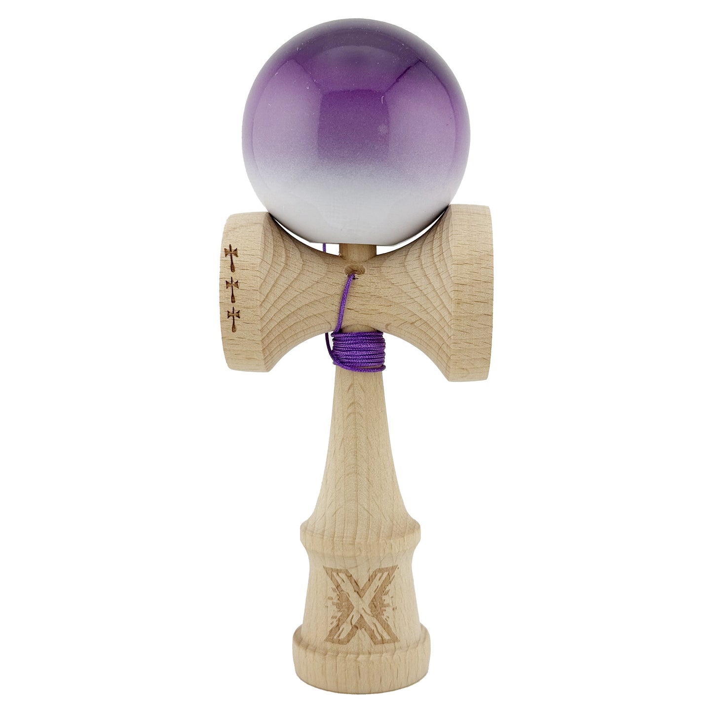 Kendama X Originala, Profesionala, Klevo, Big Cups V2, Super Sticky cu Cupe Mari, din lemn 18 cm, Rulment Metalic cu Ata 55 cm, Mov/Alb