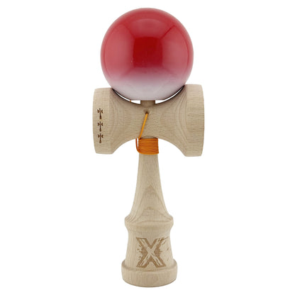 Kendama X Originala, Profesionala, Klevo, Big Cups V2, Super Sticky cu Cupe Mari, din lemn 18 cm, Rulment Metalic cu Ata 55 cm, Gradient Rosu/Alb
