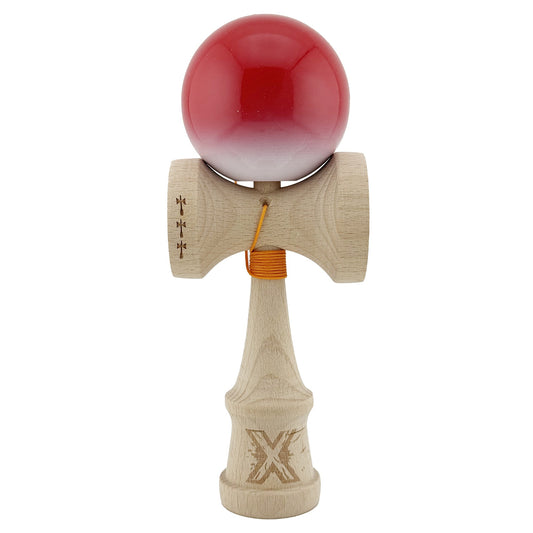 Kendama X Originala, Profesionala, Klevo, Big Cups V2, Super Sticky cu Cupe Mari, din lemn 18 cm, Rulment Metalic cu Ata 55 cm, Gradient Rosu/Alb