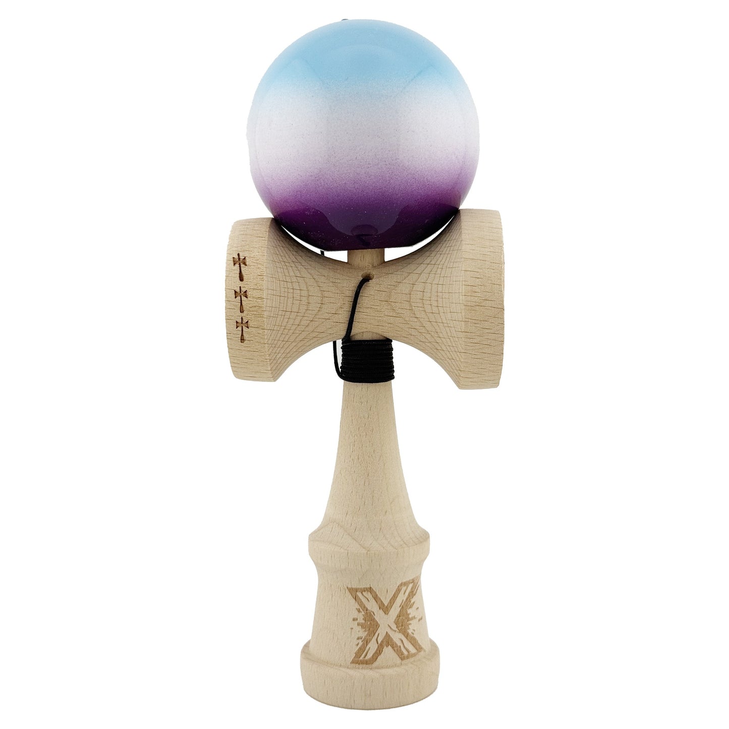 Kendama X Originala, Profesionala, Klevo, Big Cups V2, Super Sticky cu Cupe Mari, din lemn 18 cm, Rulment Metalic cu Ata 55 cm, Albastru/Alb/Mov