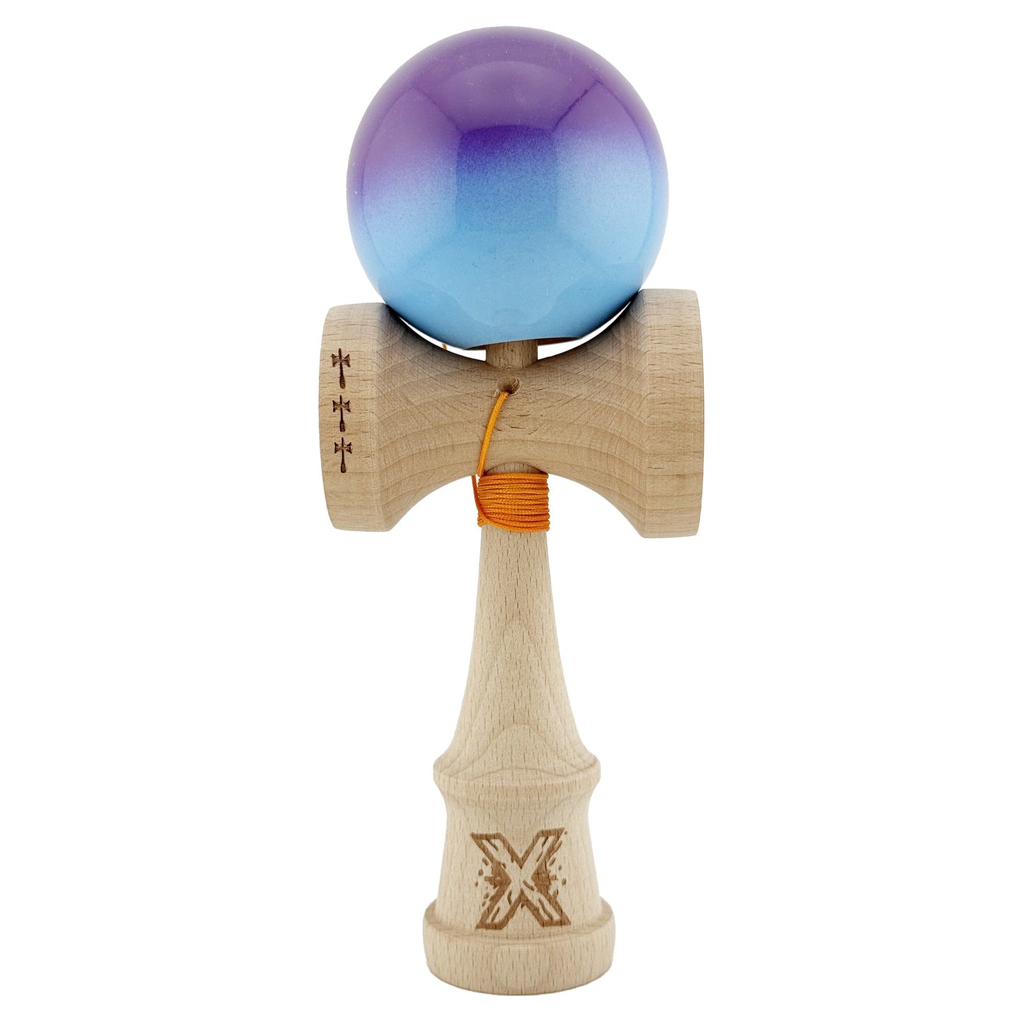 Kendama X Originala, Profesionala, Klevo, Big Cups V2, Super Sticky cu Cupe Mari, din lemn 18 cm, Rulment Metalic cu Ata 55 cm, Mov/Albastru