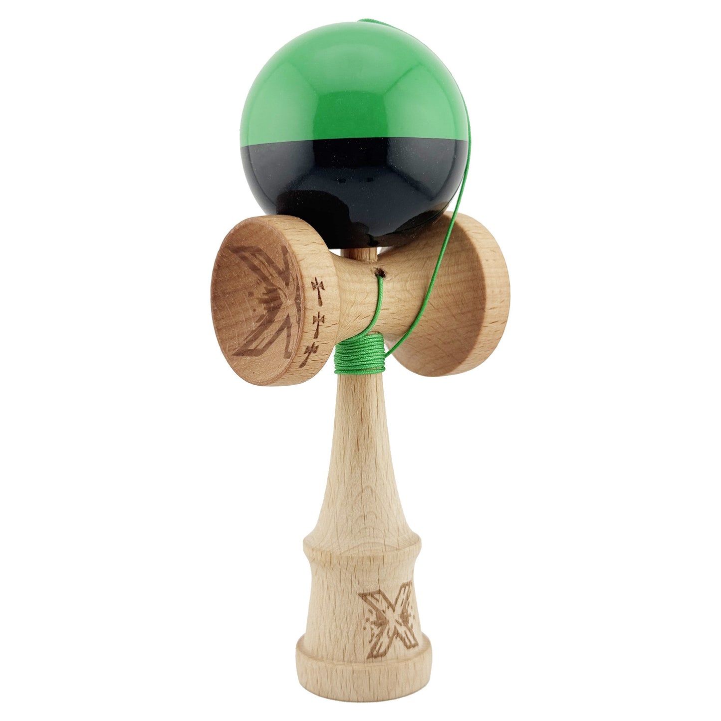 Kendama X Originala, Profesionala, Klevo, Big Cups V2, Super Sticky cu Cupe Mari, Rulment Metalic, din lemn 18 cm, Ata 55 cm, Verde/Negru