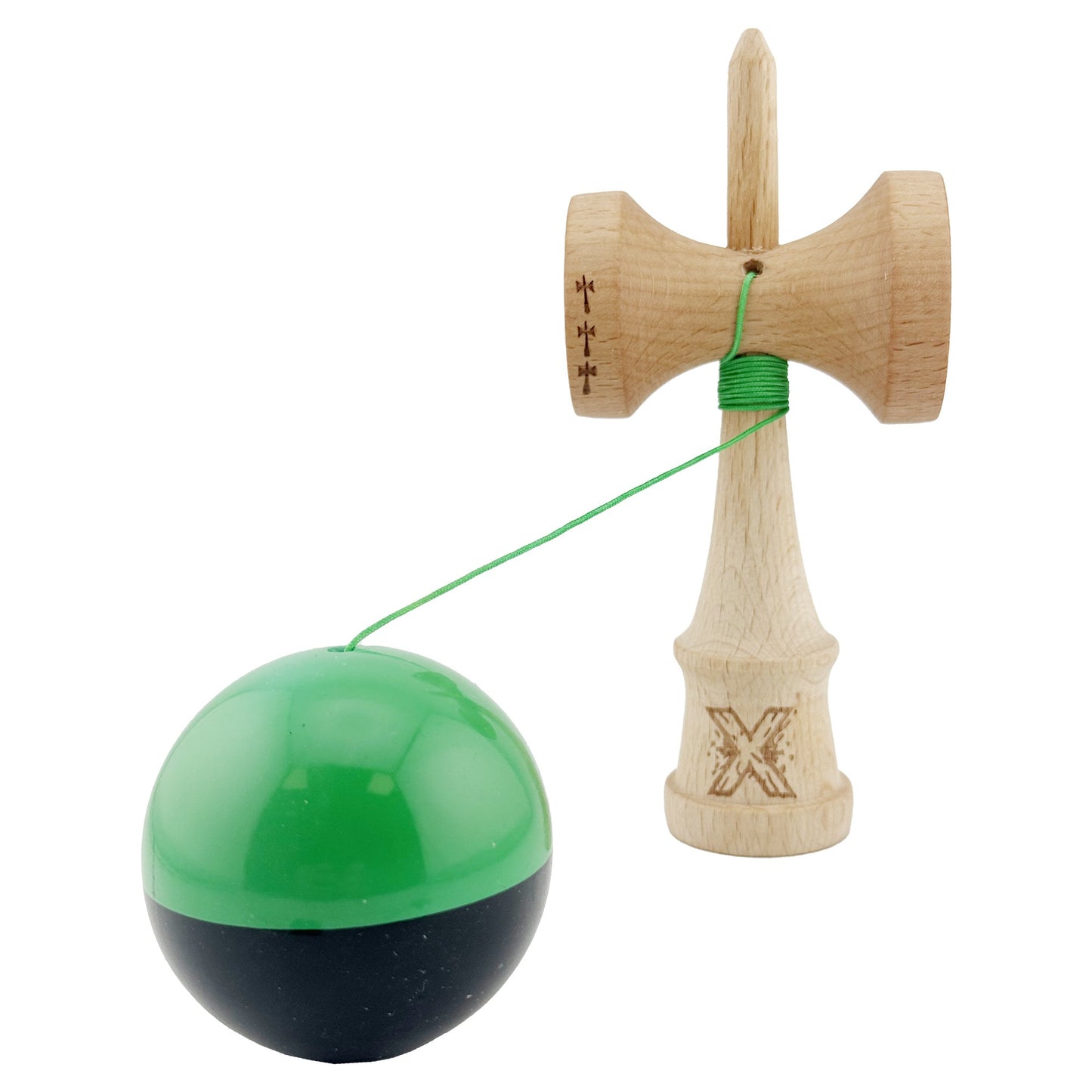 Kendama X Originala, Profesionala, Klevo, Big Cups V2, Super Sticky cu Cupe Mari, Rulment Metalic, din lemn 18 cm, Ata 55 cm, Verde/Negru