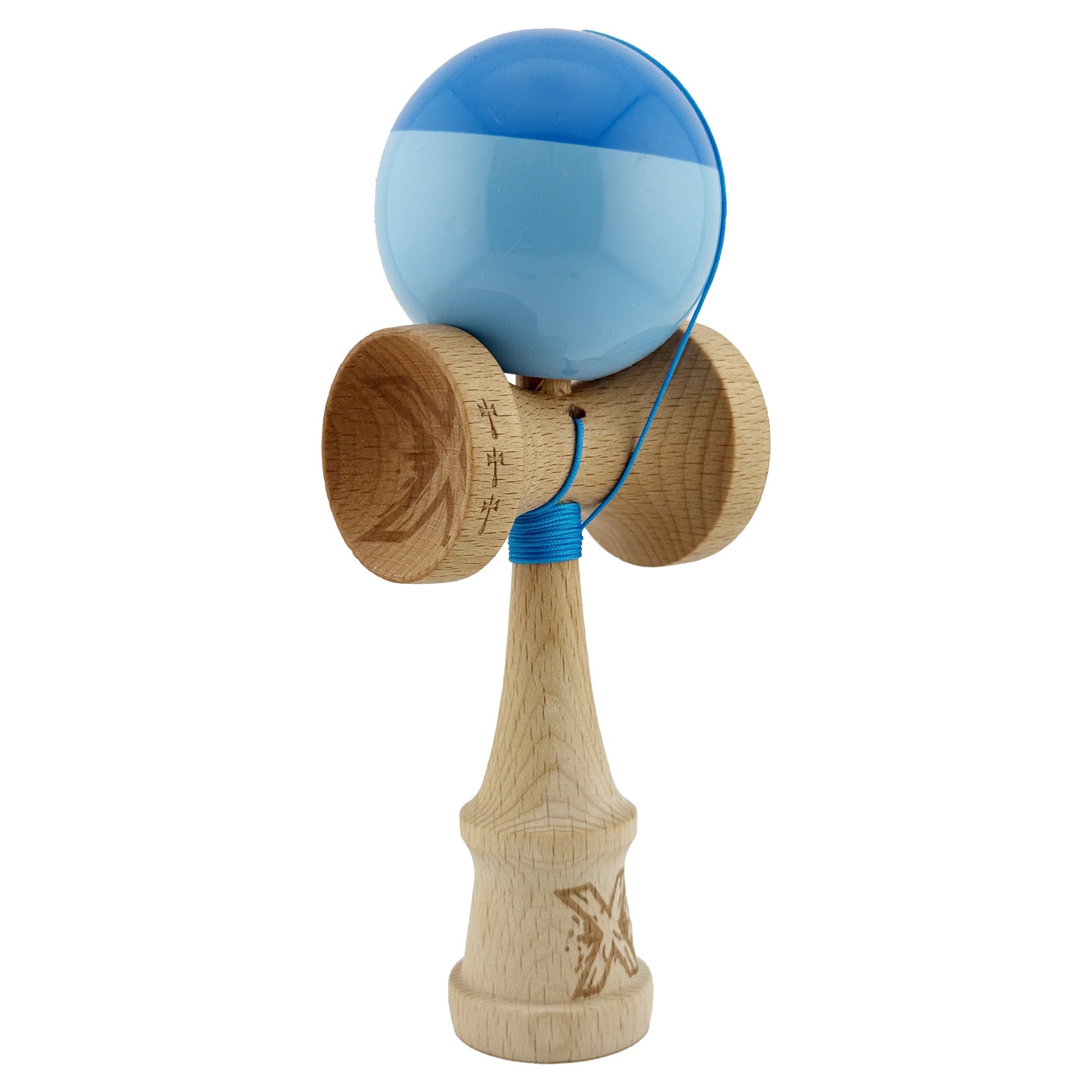 Kendama X Originala, Profesionala, Klevo, Big Cups V2, Super Sticky cu Cupe Mari, Rulment Metalic, din lemn 18 cm, Ata 55 cm, Albastru/Bleu