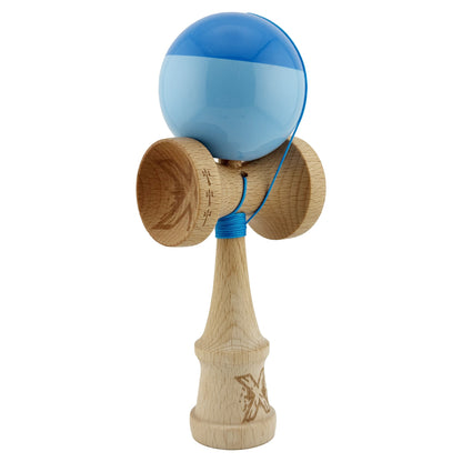 Kendama X Originala, Profesionala, Klevo, Big Cups V2, Super Sticky cu Cupe Mari, Rulment Metalic, din lemn 18 cm, Ata 55 cm, Albastru/Bleu