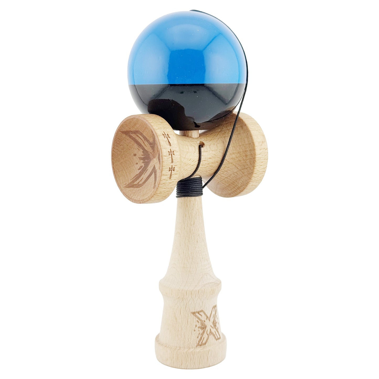 Kendama X Originala, Profesionala, Klevo, Big Cups V2, Super Sticky cu Cupe Mari, Rulment Metalic, din lemn 18 cm, Ata 55 cm, Albastru/Negru