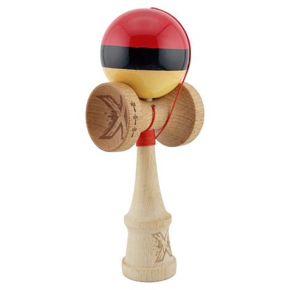 Kendama X Originala, Profesionala, Klevo, Big Cups V2, Super Sticky cu Cupe Mari, Rulment Metalic, din lemn 18 cm, Ata 55 cm, Rosu/Negru/Galben