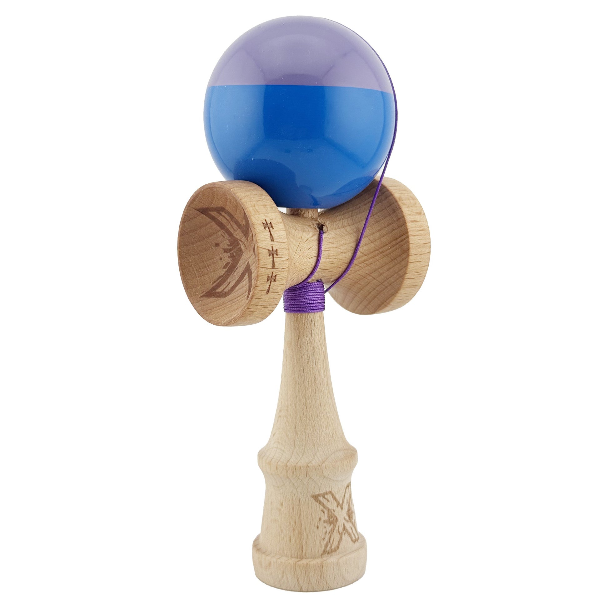 Kendama X Originala, Profesionala, Klevo, Big Cups V2, Super Sticky cu Cupe Mari, Rulment Metalic, din lemn 18 cm, Ata 55 cm, Mov/Albastru
