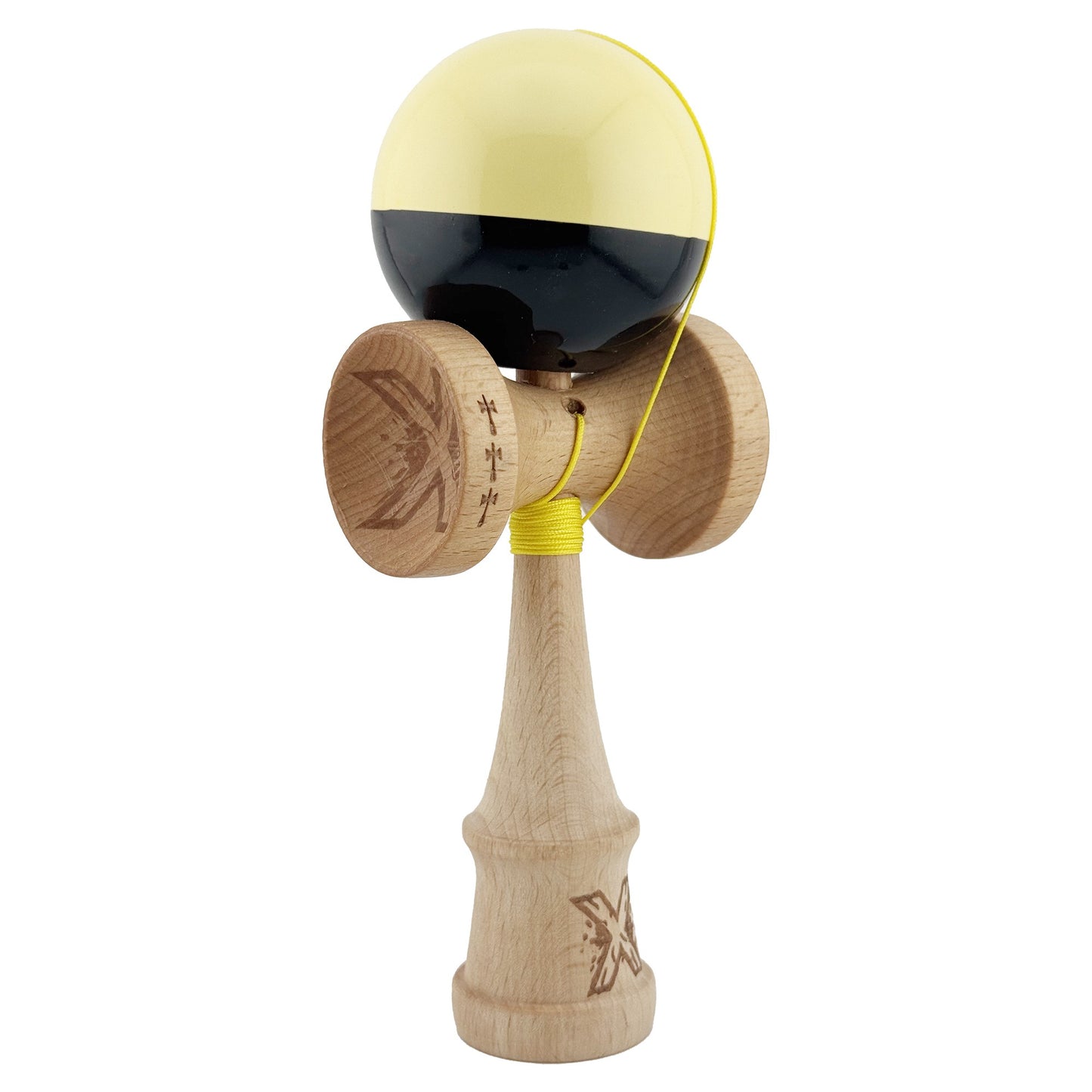 Kendama X Originala, Profesionala, Klevo, Big Cups V2, Super Sticky cu Cupe Mari, Rulment Metalic, din lemn 18 cm, Ata 55 cm, Galben/Negru