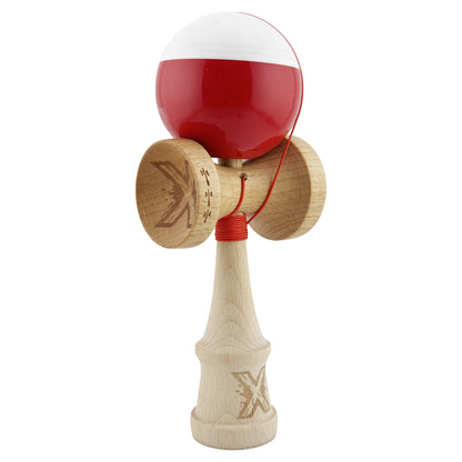 Kendama X Originala, Profesionala, Klevo, Big Cups V2, Super Sticky cu Cupe Mari, Rulment Metalic, din lemn 18 cm, Ata 55 cm, Alb/Rosu