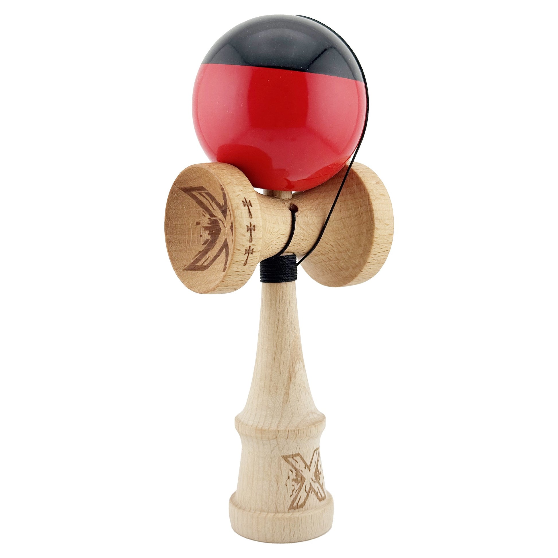 Kendama X Originala, Profesionala, Klevo, Big Cups V2, Super Sticky cu Cupe Mari, Rulment Metalic, din lemn 18 cm, Ata 55 cm, Negru/Rosu