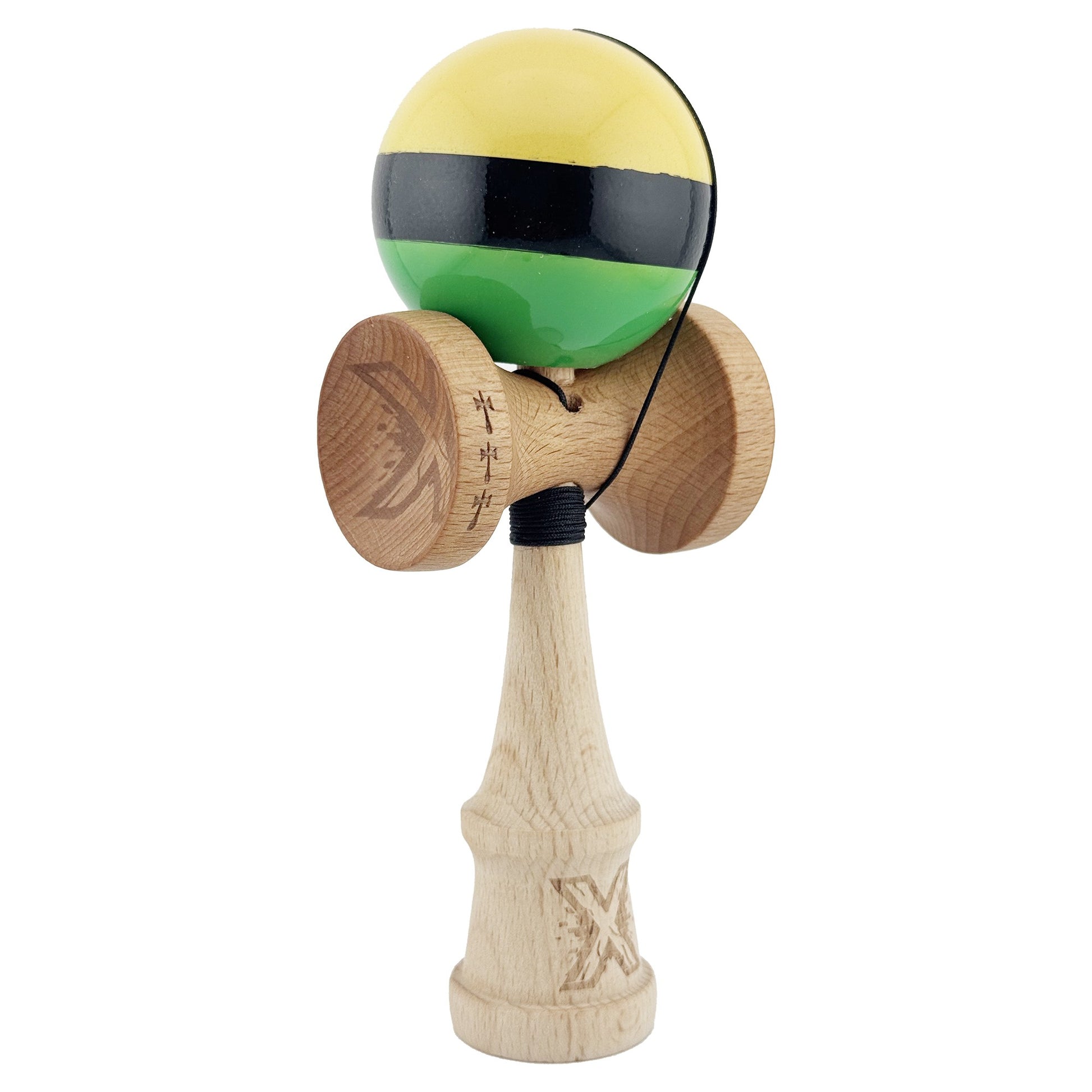 Kendama X Originala, Profesionala, Klevo, Big Cups V2, Super Sticky cu Cupe Mari, Rulment Metalic, din lemn 18 cm, Ata 55 cm, Galben/Negru/Verde