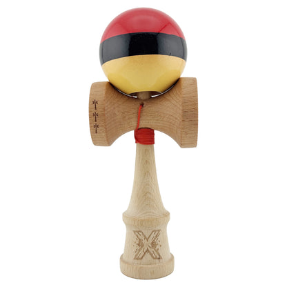 Kendama X Originala, Profesionala, Klevo, Big Cups V2, Super Sticky cu Cupe Mari, Rulment Metalic, din lemn 18 cm, Ata 55 cm, Rosu/Negru/Galben