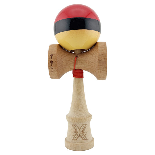 Kendama X Originala, Profesionala, Klevo, Big Cups V2, Super Sticky cu Cupe Mari, Rulment Metalic, din lemn 18 cm, Ata 55 cm, Rosu/Negru/Galben