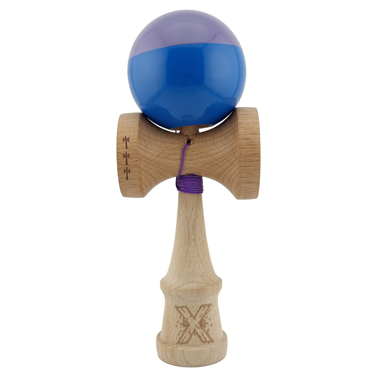 Kendama X Originala, Profesionala, Klevo, Big Cups V2, Super Sticky cu Cupe Mari, Rulment Metalic, din lemn 18 cm, Ata 55 cm, Mov/Albastru