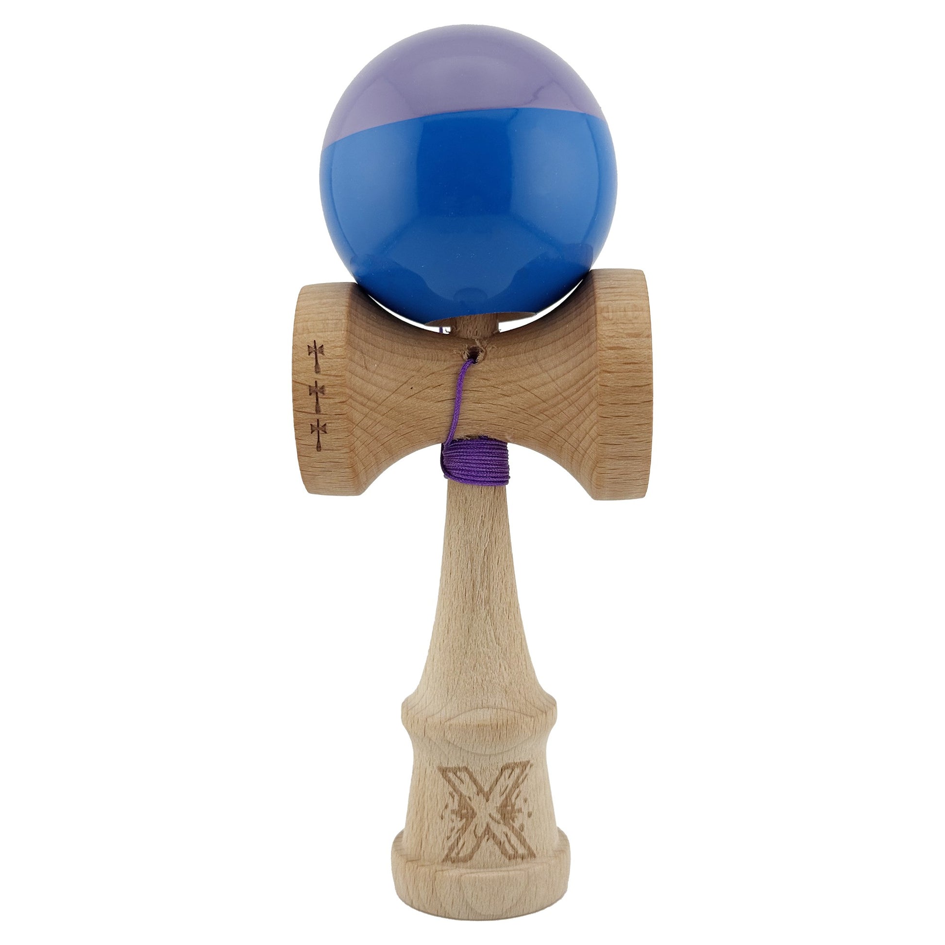 Kendama X Originala, Profesionala, Klevo, Big Cups V2, Super Sticky cu Cupe Mari, Rulment Metalic, din lemn 18 cm, Ata 55 cm, Mov/Albastru