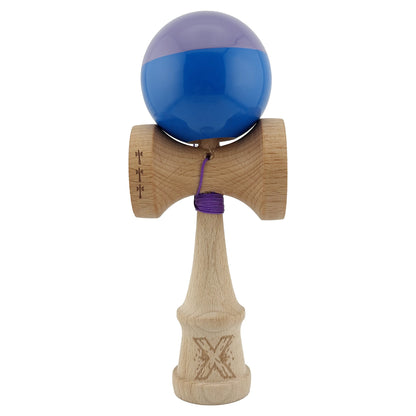 Kendama X Originala, Profesionala, Klevo, Big Cups V2, Super Sticky cu Cupe Mari, Rulment Metalic, din lemn 18 cm, Ata 55 cm, Mov/Albastru