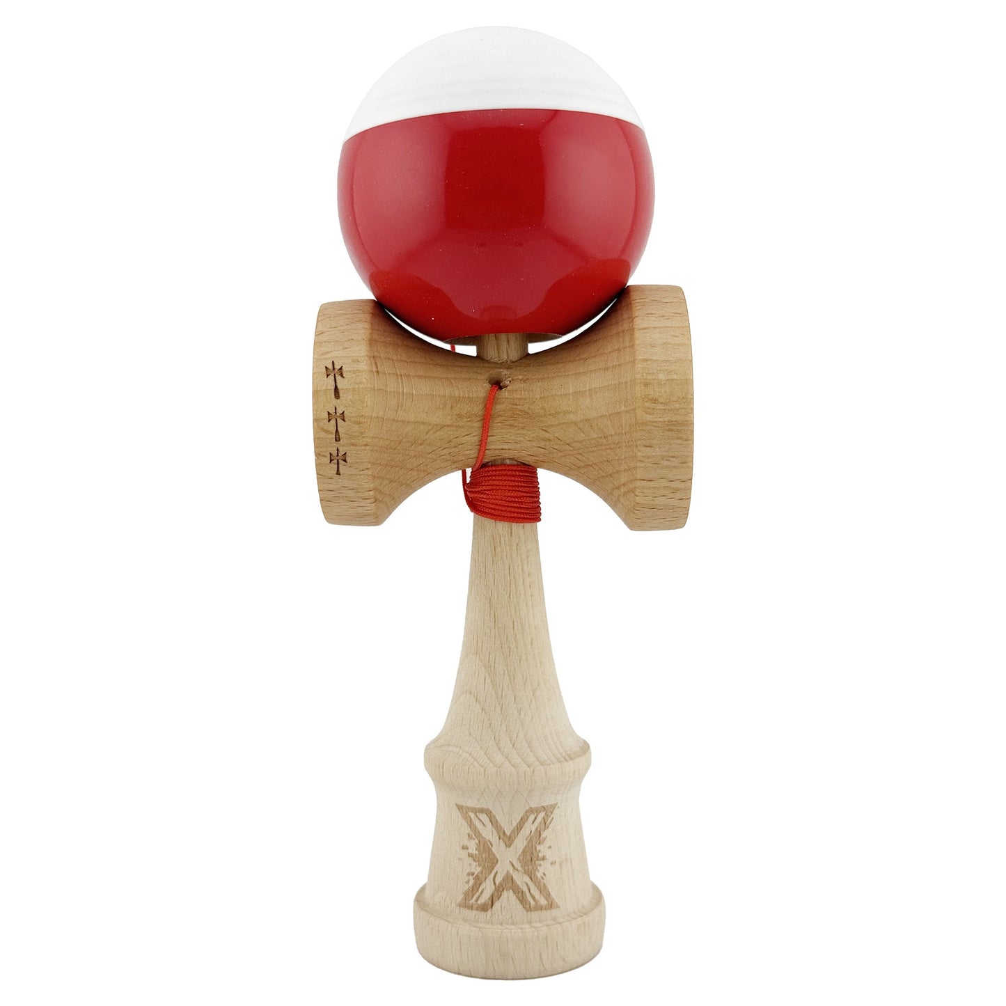 Kendama X Originala, Profesionala, Klevo, Big Cups V2, Super Sticky cu Cupe Mari, Rulment Metalic, din lemn 18 cm, Ata 55 cm, Alb/Rosu