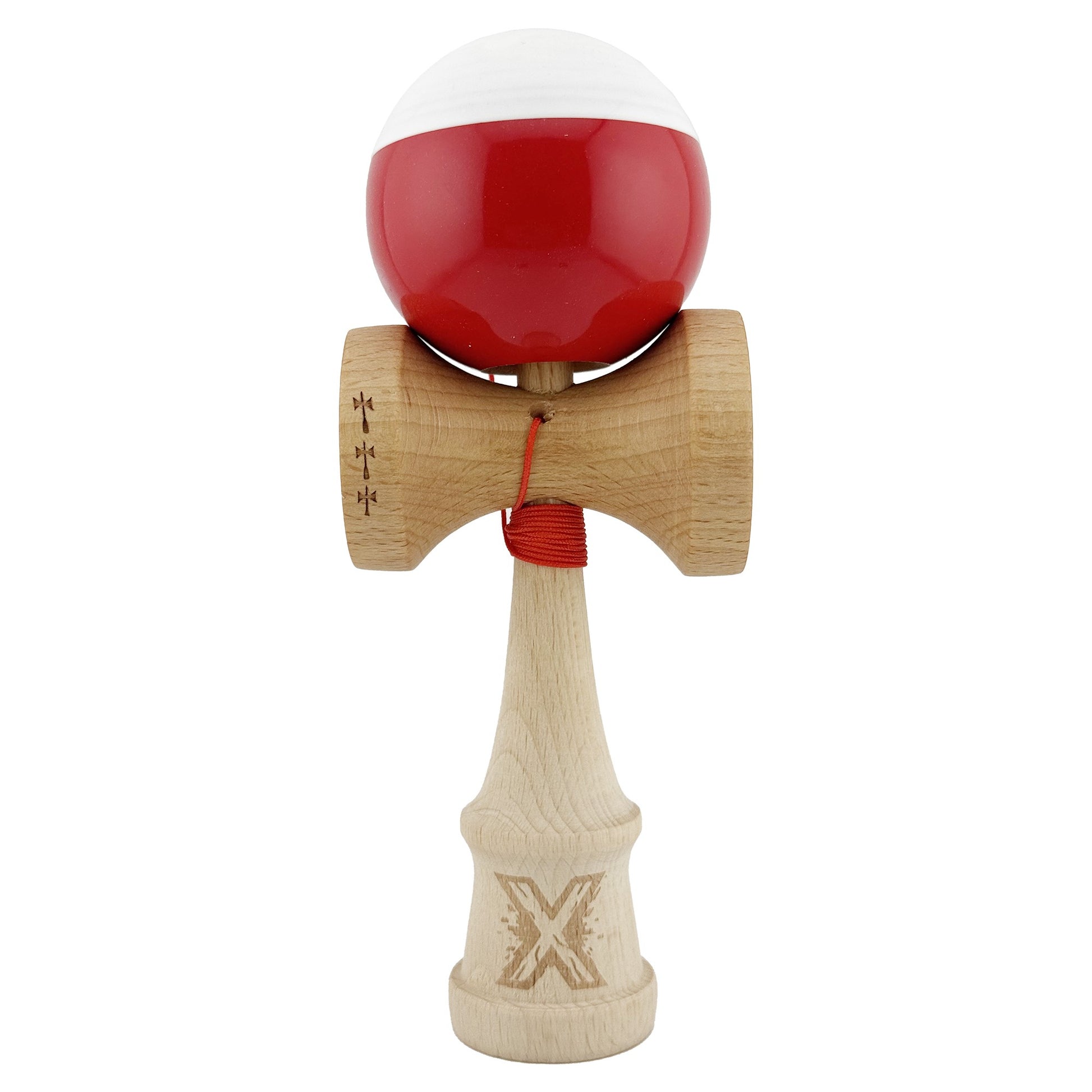 Kendama X Originala, Profesionala, Klevo, Big Cups V2, Super Sticky cu Cupe Mari, Rulment Metalic, din lemn 18 cm, Ata 55 cm, Alb/Rosu