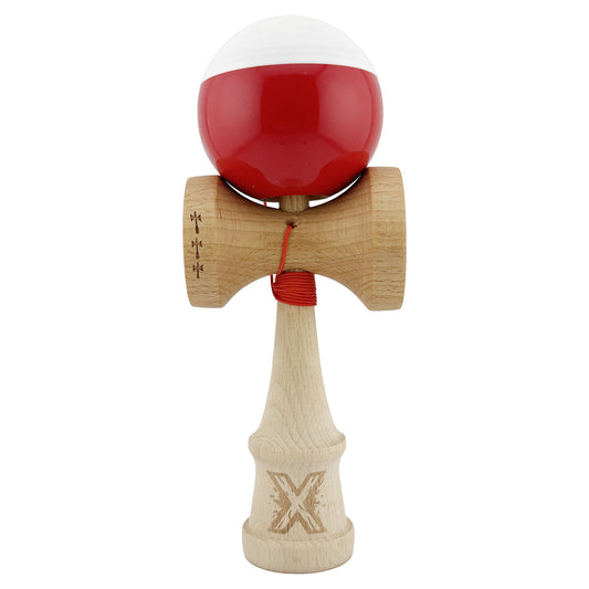 Kendama X Originala, Profesionala, Klevo, Big Cups V2, Super Sticky cu Cupe Mari, Rulment Metalic, din lemn 18 cm, Ata 55 cm, Alb/Rosu