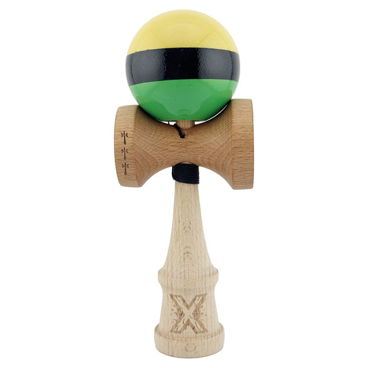 Kendama X Originala, Profesionala, Klevo, Big Cups V2, Super Sticky cu Cupe Mari, Rulment Metalic, din lemn 18 cm, Ata 55 cm, Galben/Negru/Verde