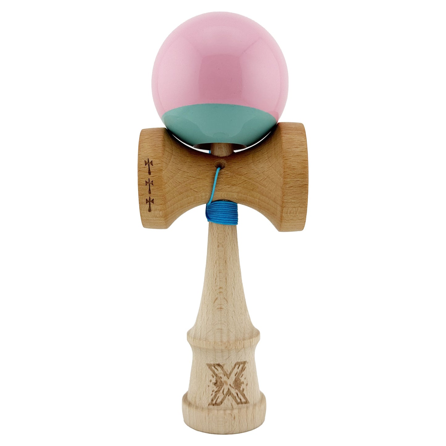 Kendama X Originala, Profesionala, Klevo, Big Cups V2, Super Sticky cu Cupe Mari, Rulment Metalic, din lemn 18 cm, Ata 55 cm, Roz/Verde