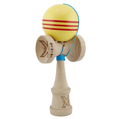 Kendama X Originala, Profesionala, Klevo, Big Cups V2, Super Sticky Legendary Cupe Mari, Rulment Metalic cu Ata 55 cm, Galben/Linii Rosii