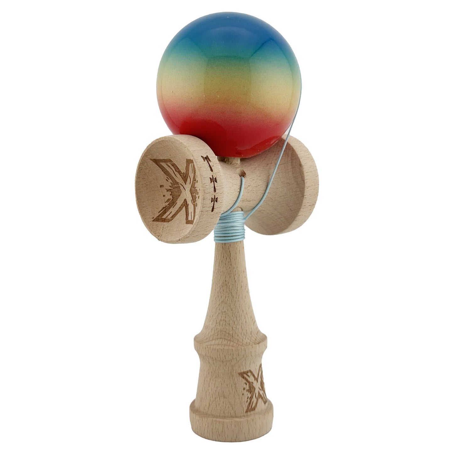Kendama X Originala, Profesionala, Klevo, Big Cups V2, Super Sticky Cupe Mari, Rulment Metalic cu Ata 55 cm, Rosu/Galben/Albastru