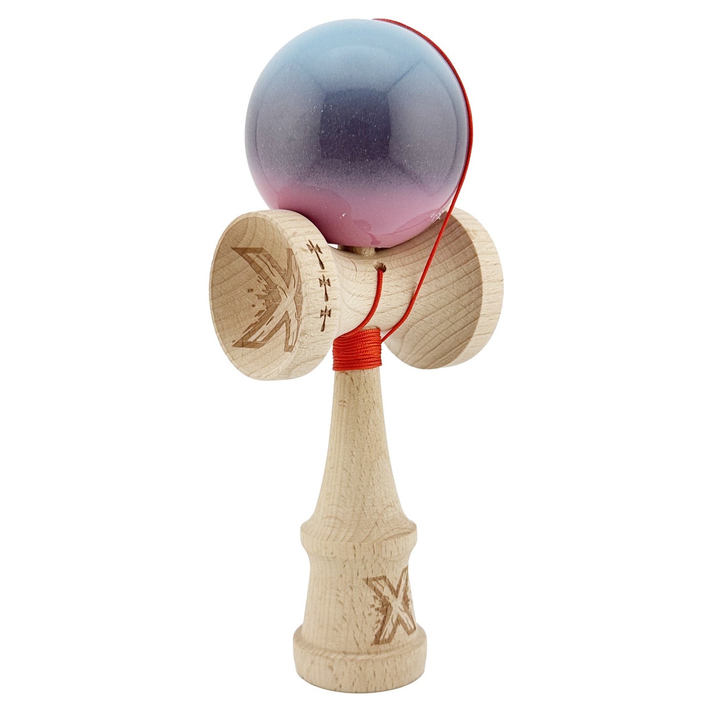 Kendama X Originala, Profesionala, Klevo, Big Cups V2, Super Sticky Cupe Mari, Rulment Metalic cu Ata 55 cm, Albastru Deschis/Mov/Roz