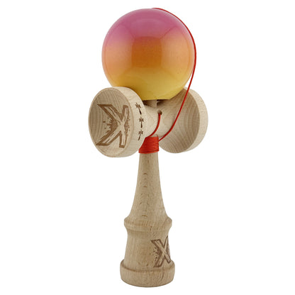 Kendama X Originala, Profesionala, Klevo, Big Cups V2, Super Sticky Cupe Mari, Rulment Metalic cu Ata 55 cm, Roz/Portocaliu/Galben