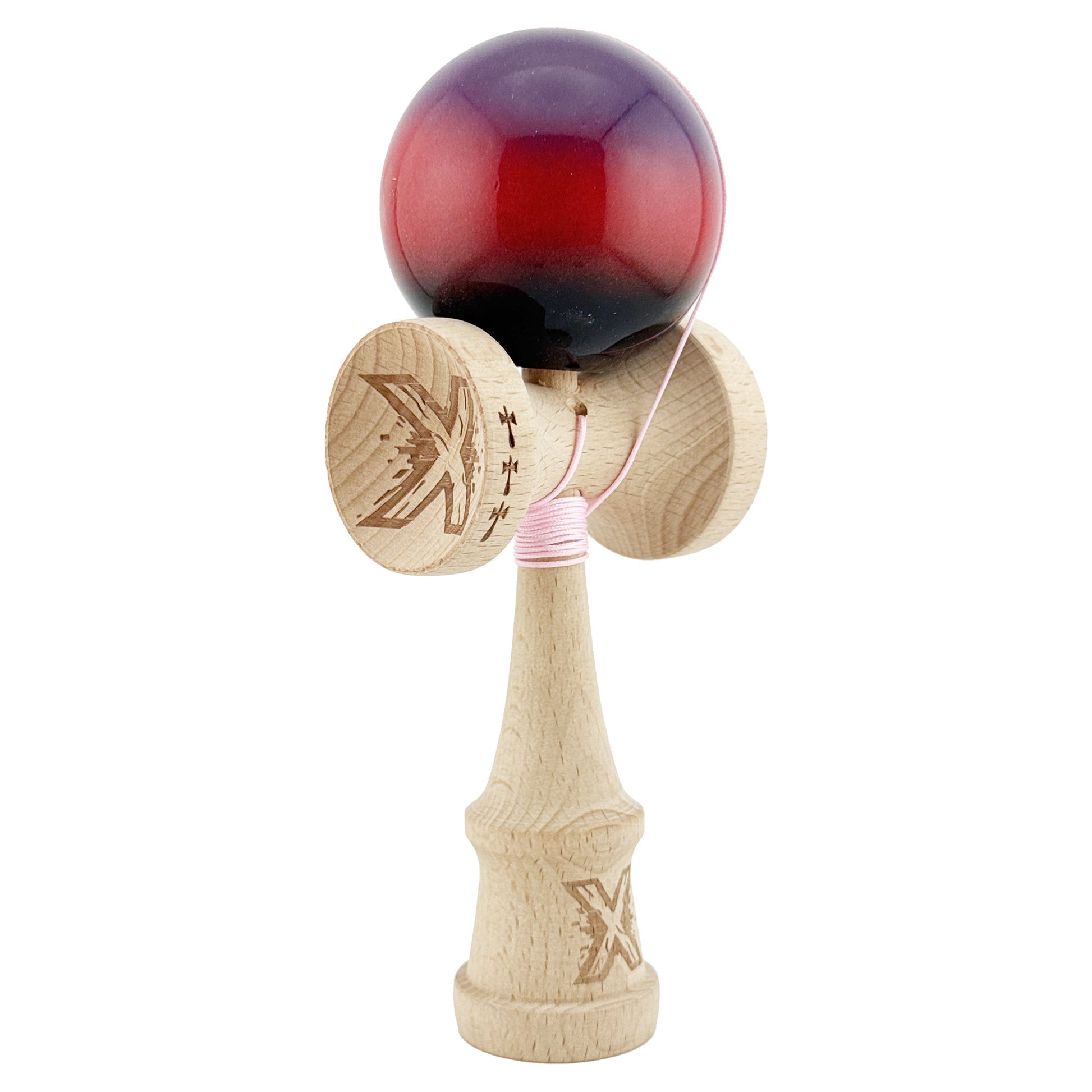 Kendama X Originala, Profesionala, Klevo, Big Cups V2, Super Sticky Cupe Mari, Rulment Metalic cu Ata 55 cm, Mov/Rosu/Negru