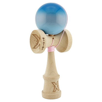 Kendama X Originala, Profesionala, Klevo, Big Cups V2, Super Sticky Cupe Mari, Rulment Metalic cu Ata 55 cm, Albastru/Gri/Bleu