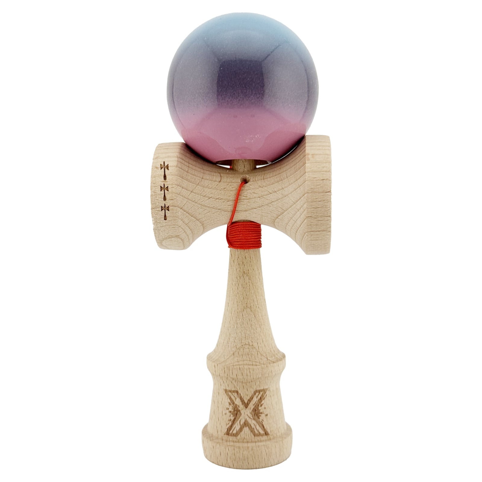 Kendama X Originala, Profesionala, Klevo, Big Cups V2, Super Sticky Cupe Mari, Rulment Metalic cu Ata 55 cm, Albastru Deschis/Mov/Roz