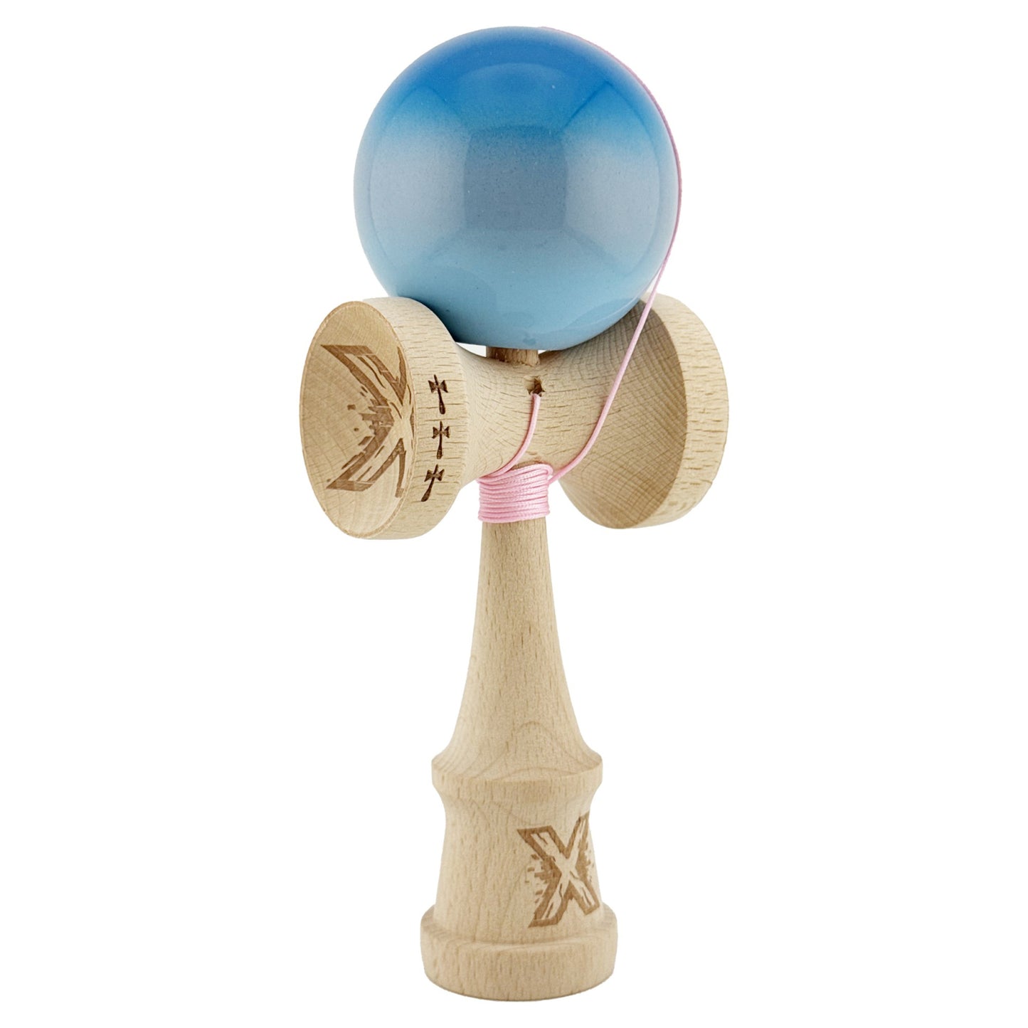 Kendama X Originala, Profesionala, Klevo, Big Cups V2, Super Sticky Cupe Mari, Rulment Metalic cu Ata 55 cm, Albastru/Gri/Bleu