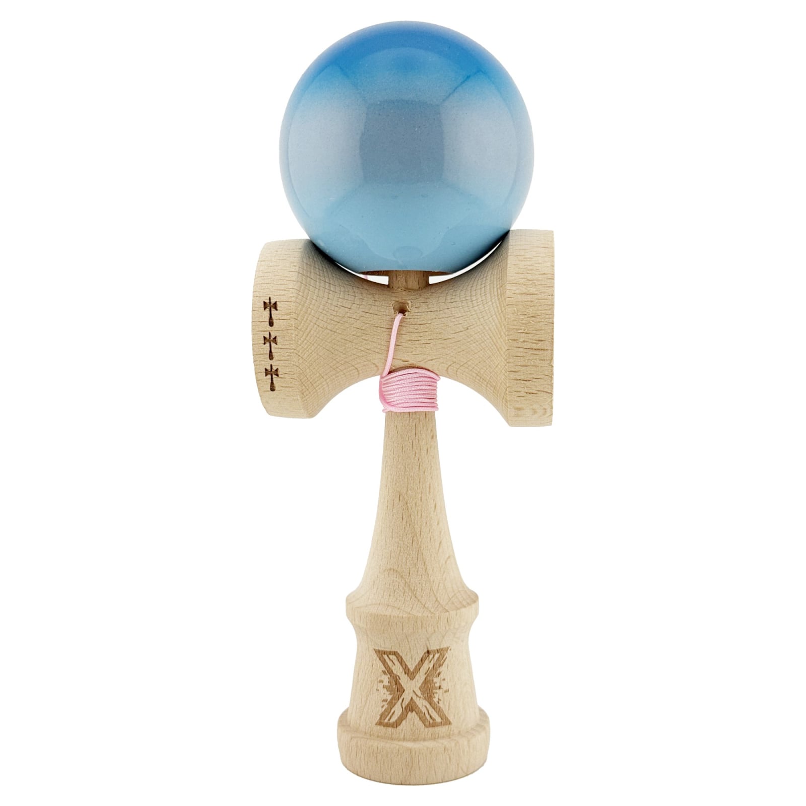 Kendama X Originala, Profesionala, Klevo, Big Cups V2, Super Sticky Cupe Mari, Rulment Metalic cu Ata 55 cm, Albastru/Gri/Bleu