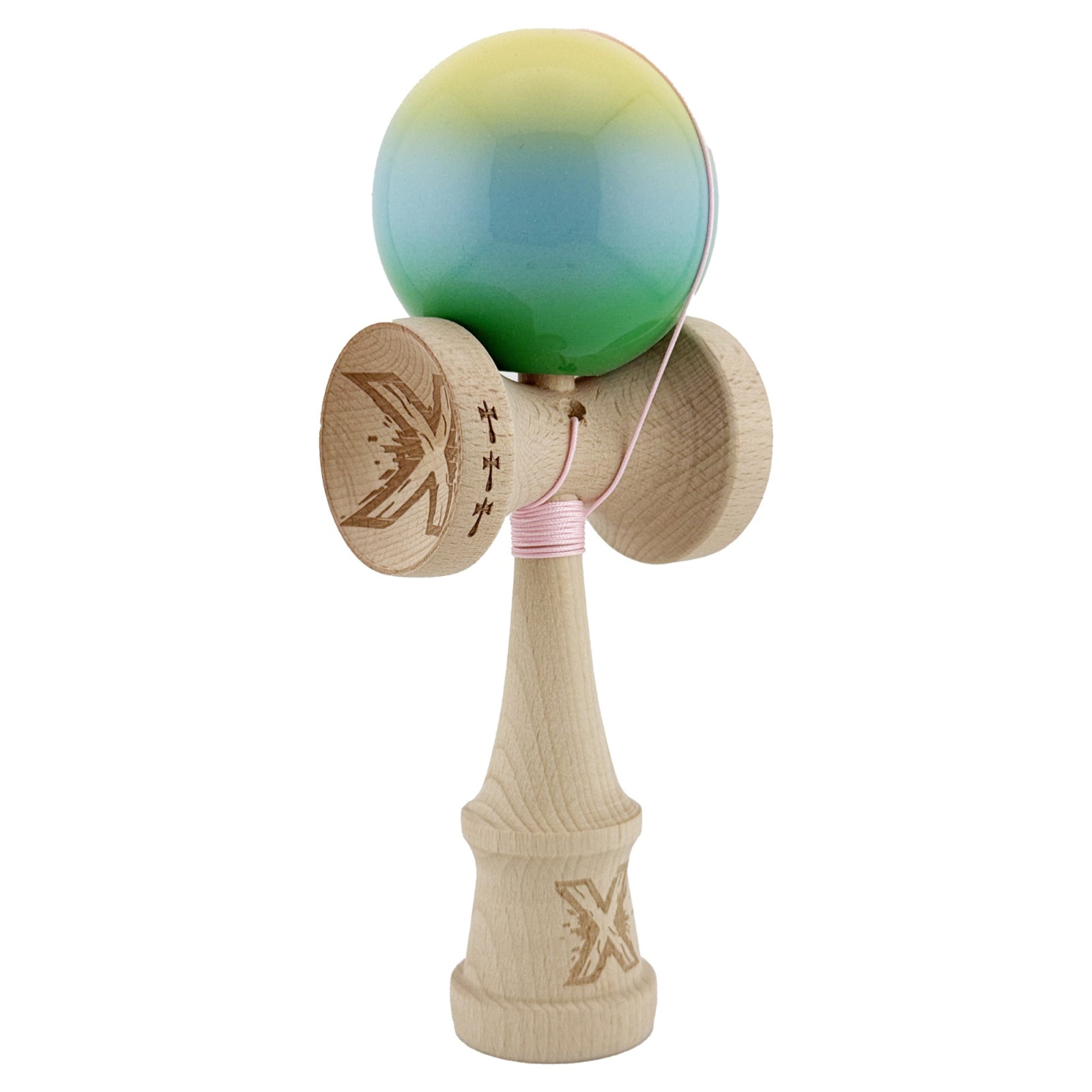 Kendama X Originala, Profesionala, Klevo, Big Cups V2, Super Sticky Cupe Mari, Rulment Metalic cu Ata 55 cm, Galben/Albastru deschis/Verde