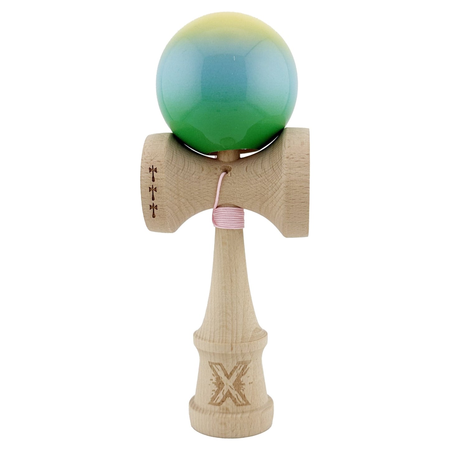 Kendama X Originala, Profesionala, Klevo, Big Cups V2, Super Sticky Cupe Mari, Rulment Metalic cu Ata 55 cm, Galben/Albastru deschis/Verde