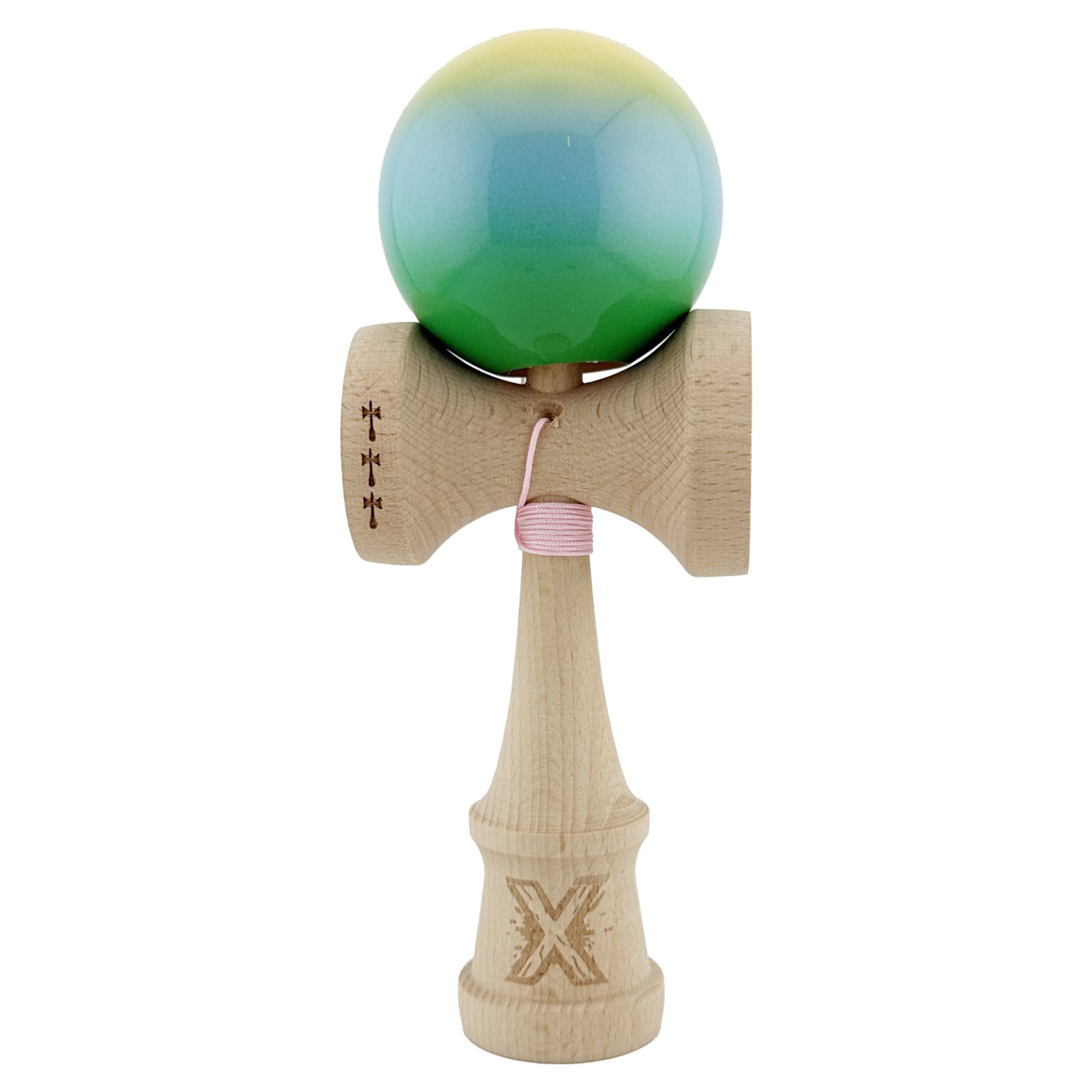Kendama X Originala, Profesionala, Klevo, Big Cups V2, Super Sticky Cupe Mari, Rulment Metalic cu Ata 55 cm, Galben/Albastru deschis/Verde