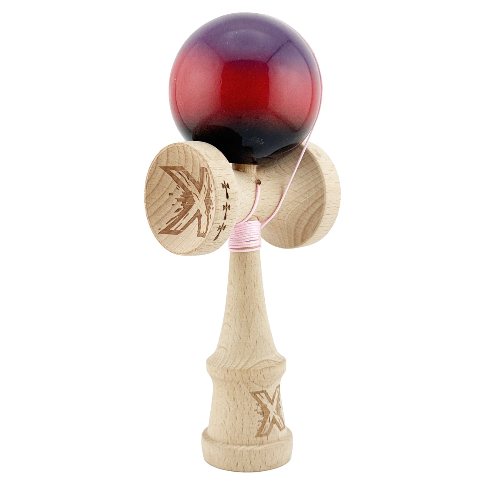 Kendama X Originala, Profesionala, Klevo, Big Cups V2, Super Sticky Cupe Mari, Rulment Metalic cu Ata 55 cm, Mov/Rosu/Negru